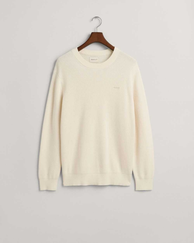 Gant Ribbed Cotton Wool Crew Neck Men's Sweater Cream | XOSLK-6014