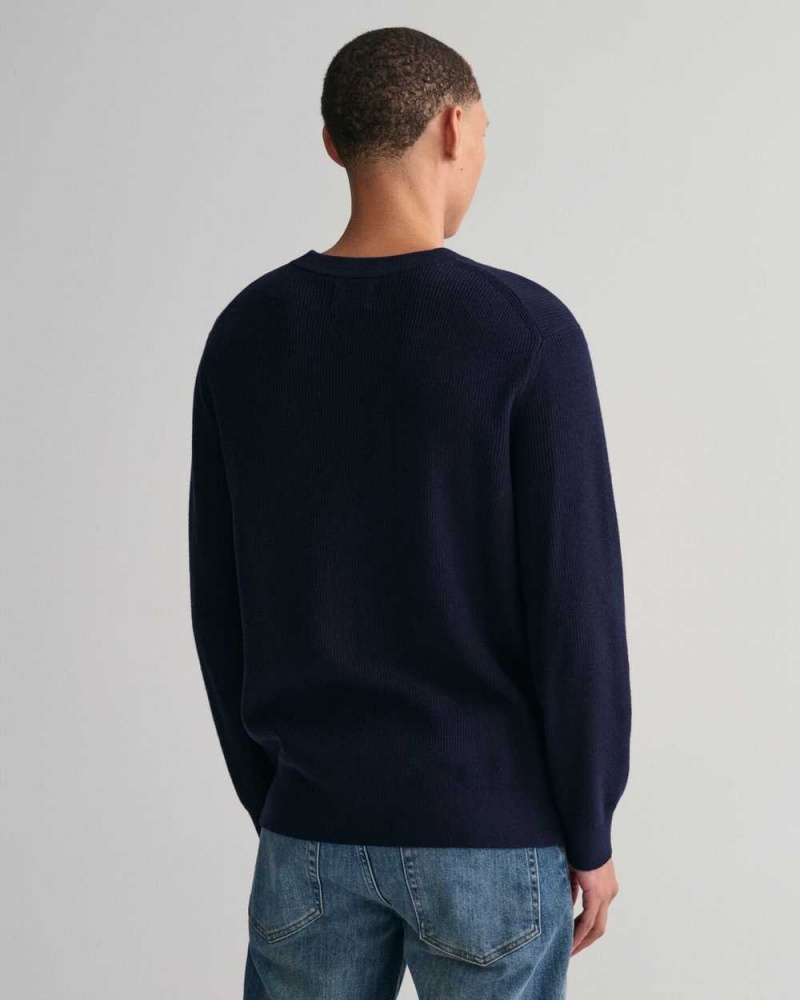 Gant Ribbed Cotton Wool Crew Neck Men's Sweater Evening Blue | YZOMU-6173