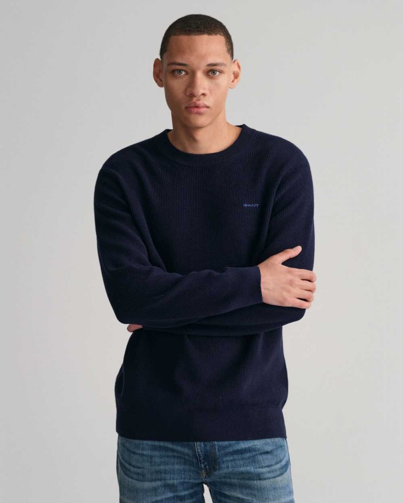 Gant Ribbed Cotton Wool Crew Neck Men's Sweater Evening Blue | YZOMU-6173