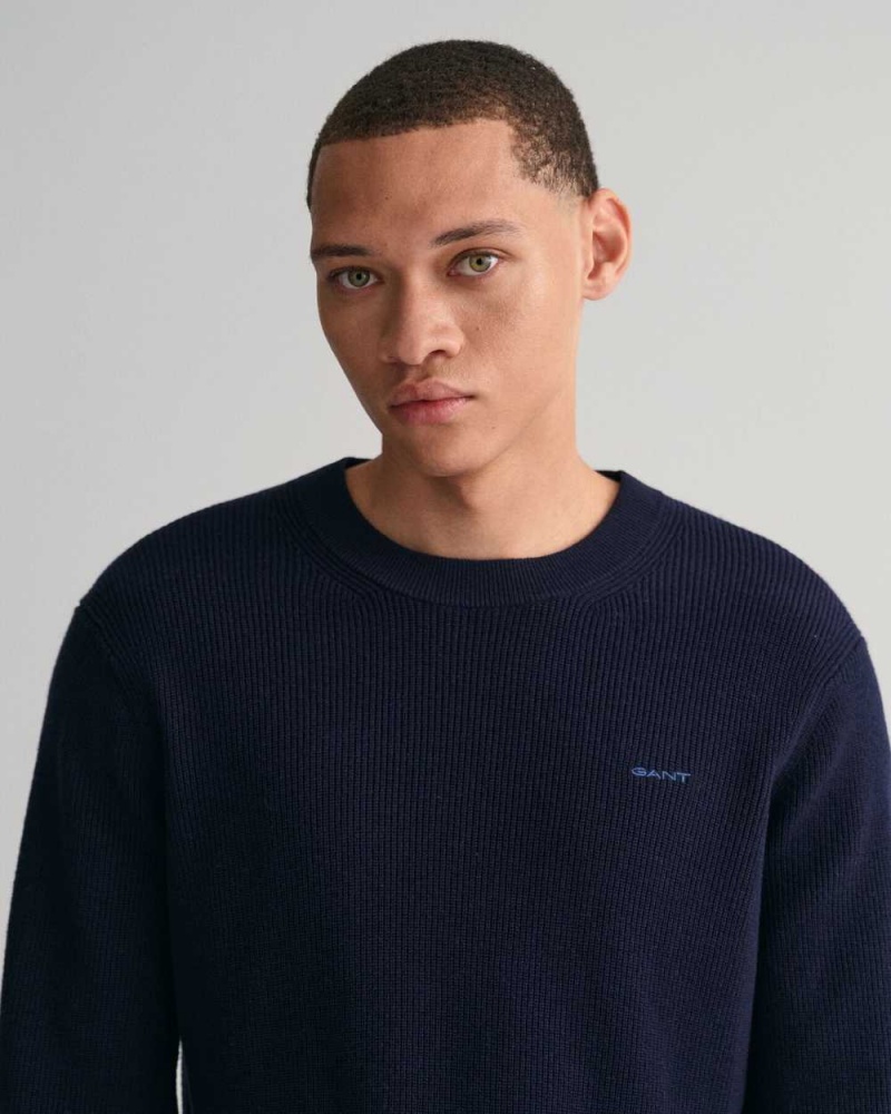 Gant Ribbed Cotton Wool Crew Neck Men's Sweater Evening Blue | YZOMU-6173