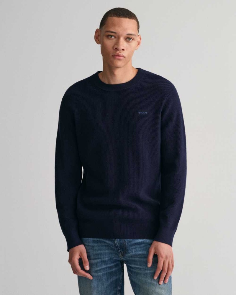 Gant Ribbed Cotton Wool Crew Neck Men\'s Sweater Evening Blue | YZOMU-6173