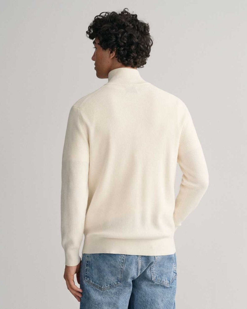 Gant Ribbed Cotton Wool Half-Zip Men's Sweater Cream | TKLIY-4692