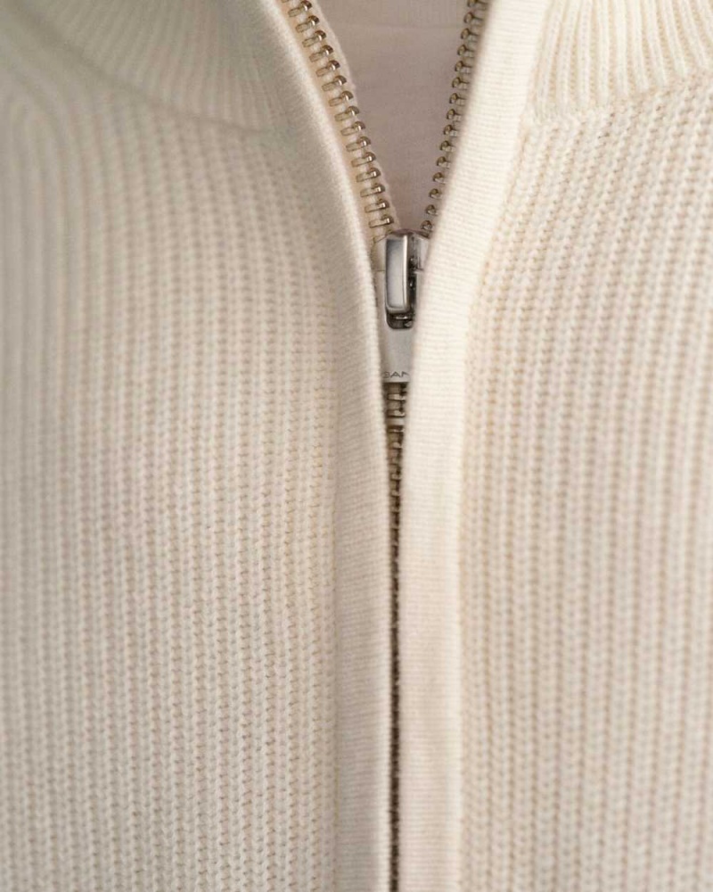 Gant Ribbed Cotton Wool Half-Zip Men's Sweater Cream | TKLIY-4692