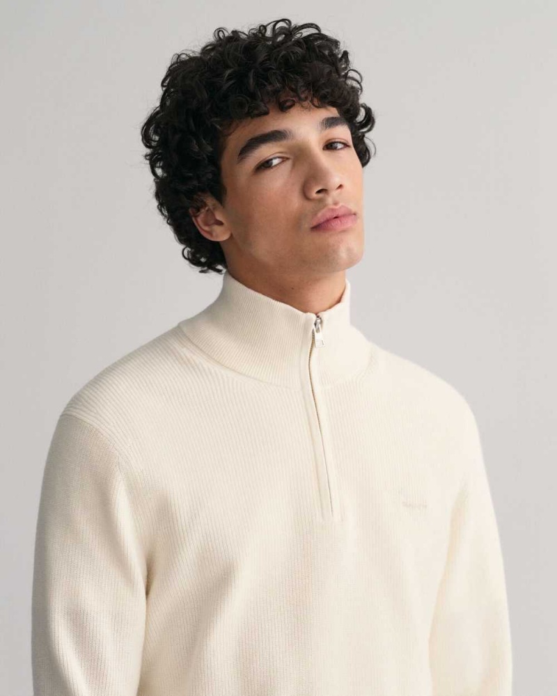 Gant Ribbed Cotton Wool Half-Zip Men's Sweater Cream | TKLIY-4692