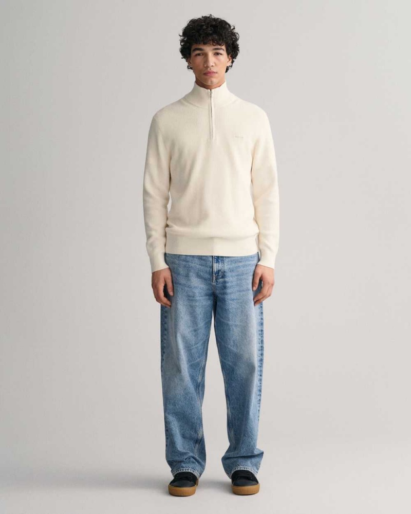 Gant Ribbed Cotton Wool Half-Zip Men's Sweater Cream | TKLIY-4692