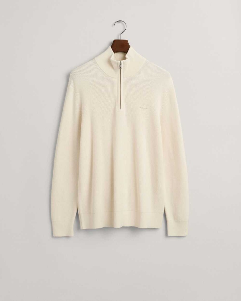 Gant Ribbed Cotton Wool Half-Zip Men's Sweater Cream | TKLIY-4692