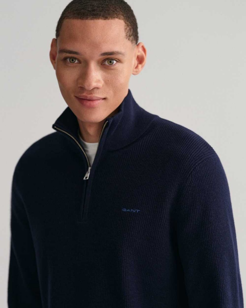 Gant Ribbed Cotton Wool Half-Zip Men's Sweater Evening Blue | JSICM-2765