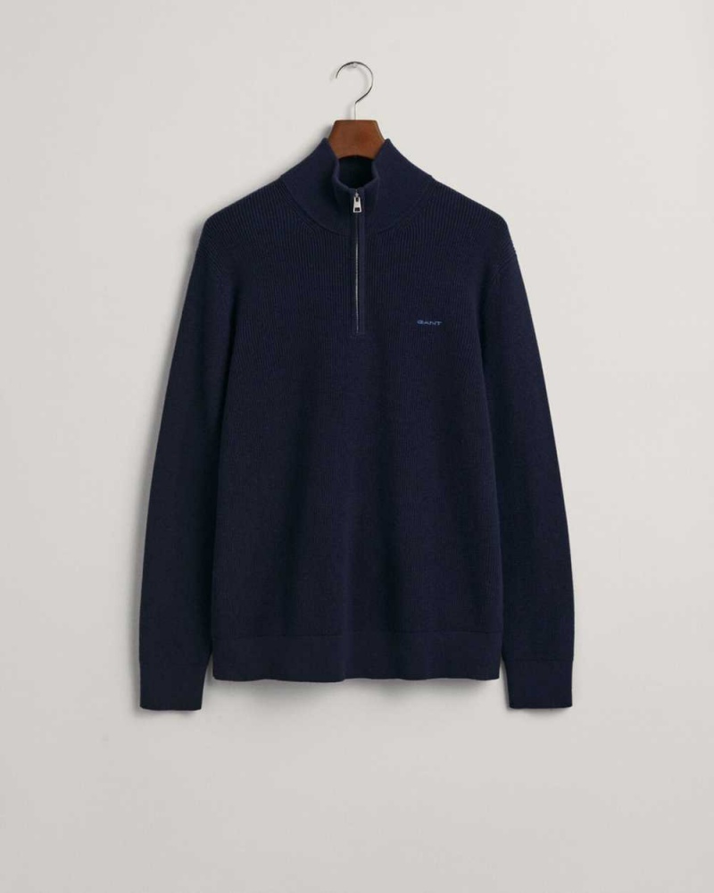 Gant Ribbed Cotton Wool Half-Zip Men's Sweater Evening Blue | JSICM-2765