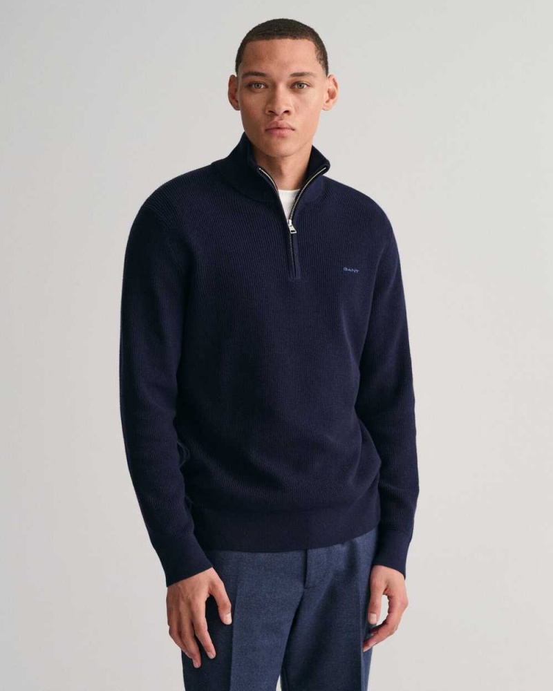 Gant Ribbed Cotton Wool Half-Zip Men\'s Sweater Evening Blue | JSICM-2765