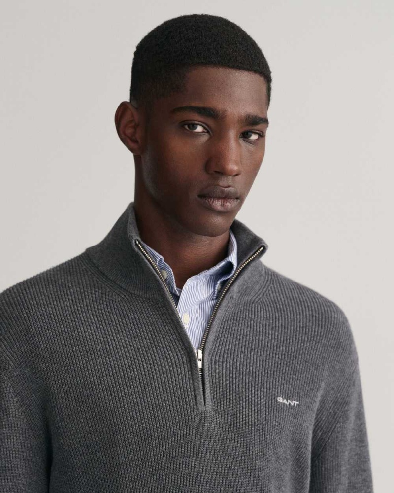 Gant Ribbed Cotton Wool Half-Zip Men's Sweater Dark Grey | DFSAW-2701