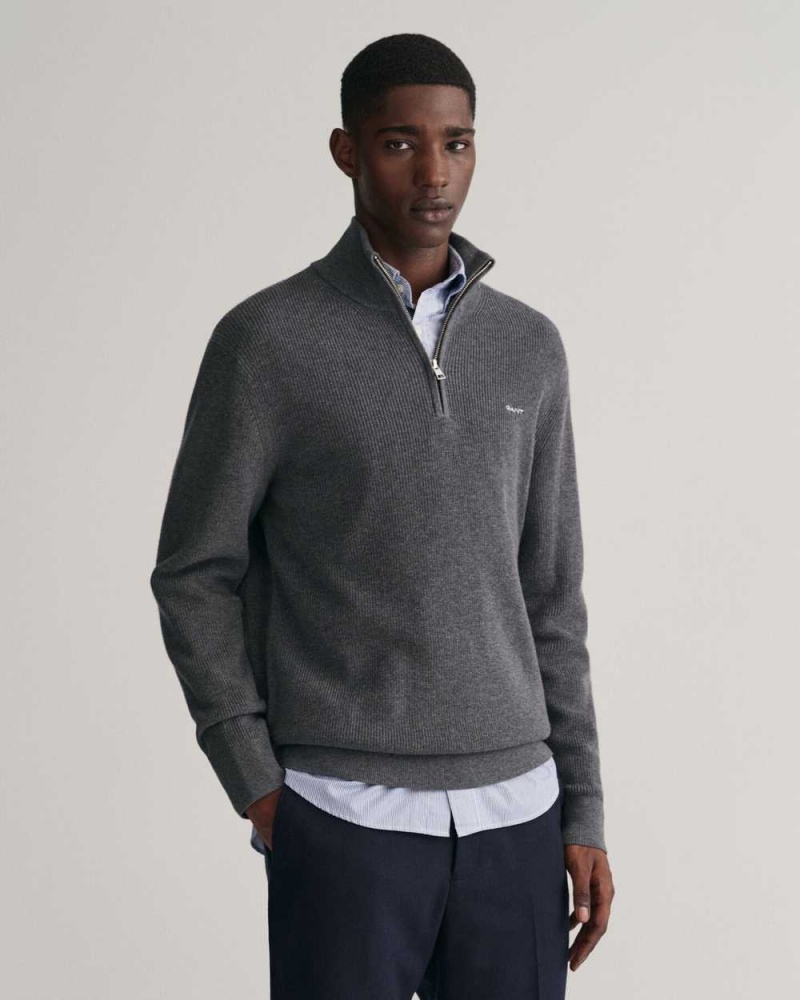 Gant Ribbed Cotton Wool Half-Zip Men\'s Sweater Dark Grey | DFSAW-2701