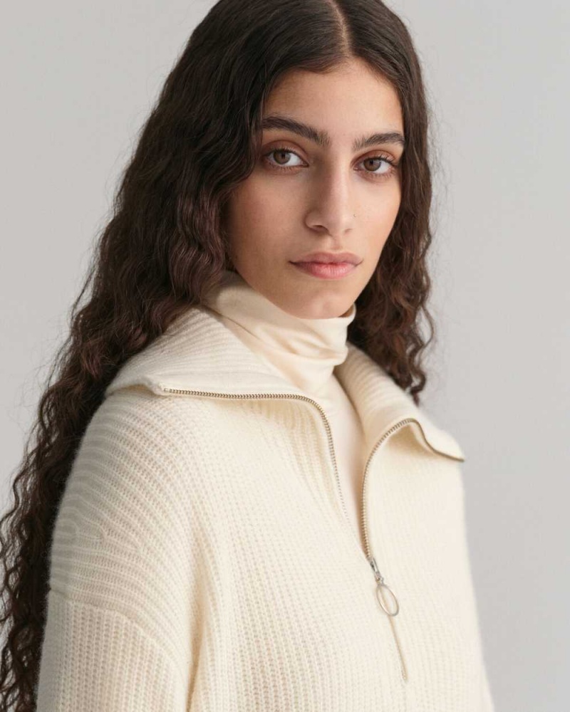 Gant Ribbed Wool Half-Zip Women's Sweater Cream | CVJPQ-4692