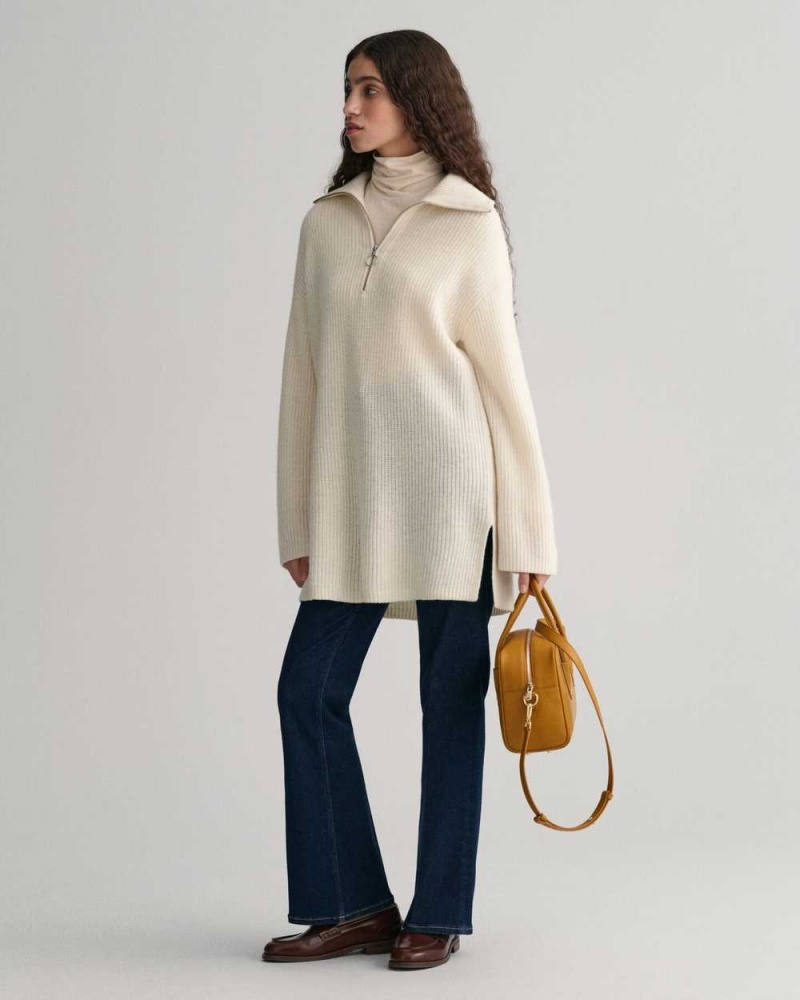 Gant Ribbed Wool Half-Zip Women's Sweater Cream | CVJPQ-4692