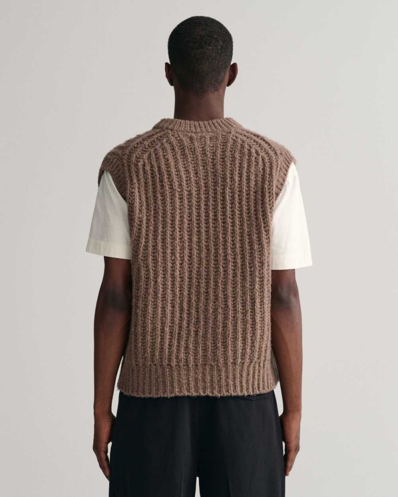 Gant Ribbed Wool Men's Vest Desert Brown | PWDQH-2630