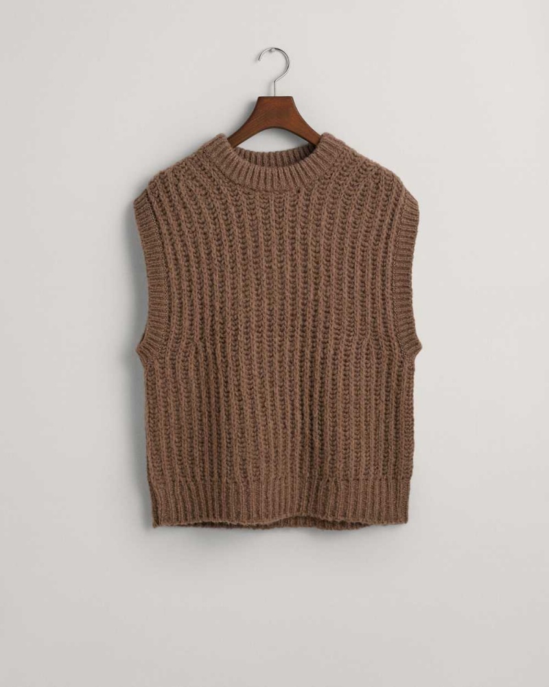 Gant Ribbed Wool Men's Vest Desert Brown | PWDQH-2630