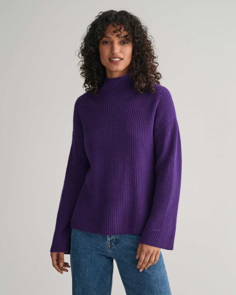 Gant Ribbed Wool Stand Collar Women\'s Sweater Pansy Purple | QGNSX-4168