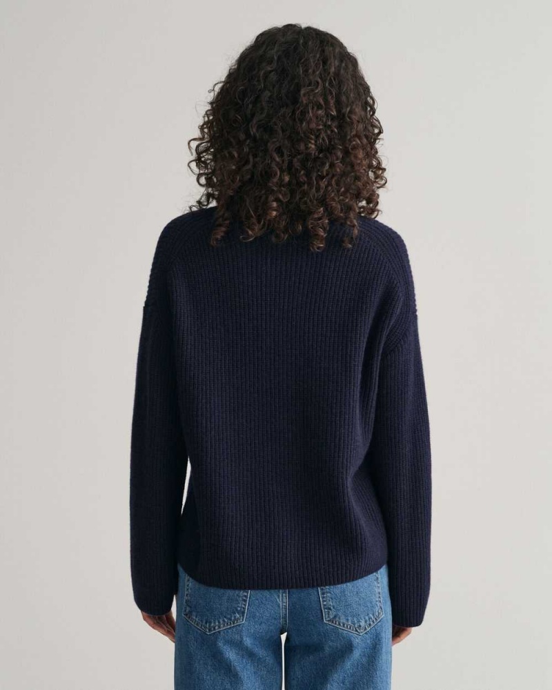 Gant Ribbed Wool Stand Collar Women's Sweater Evening Blue | JVLSI-5028