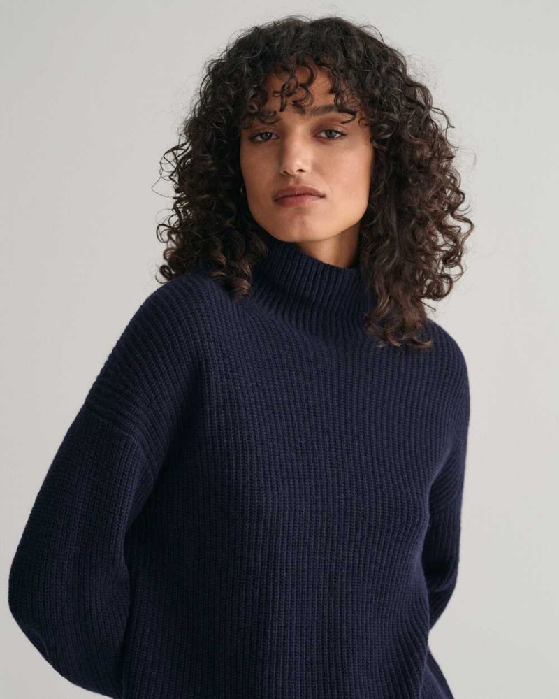 Gant Ribbed Wool Stand Collar Women's Sweater Evening Blue | JVLSI-5028