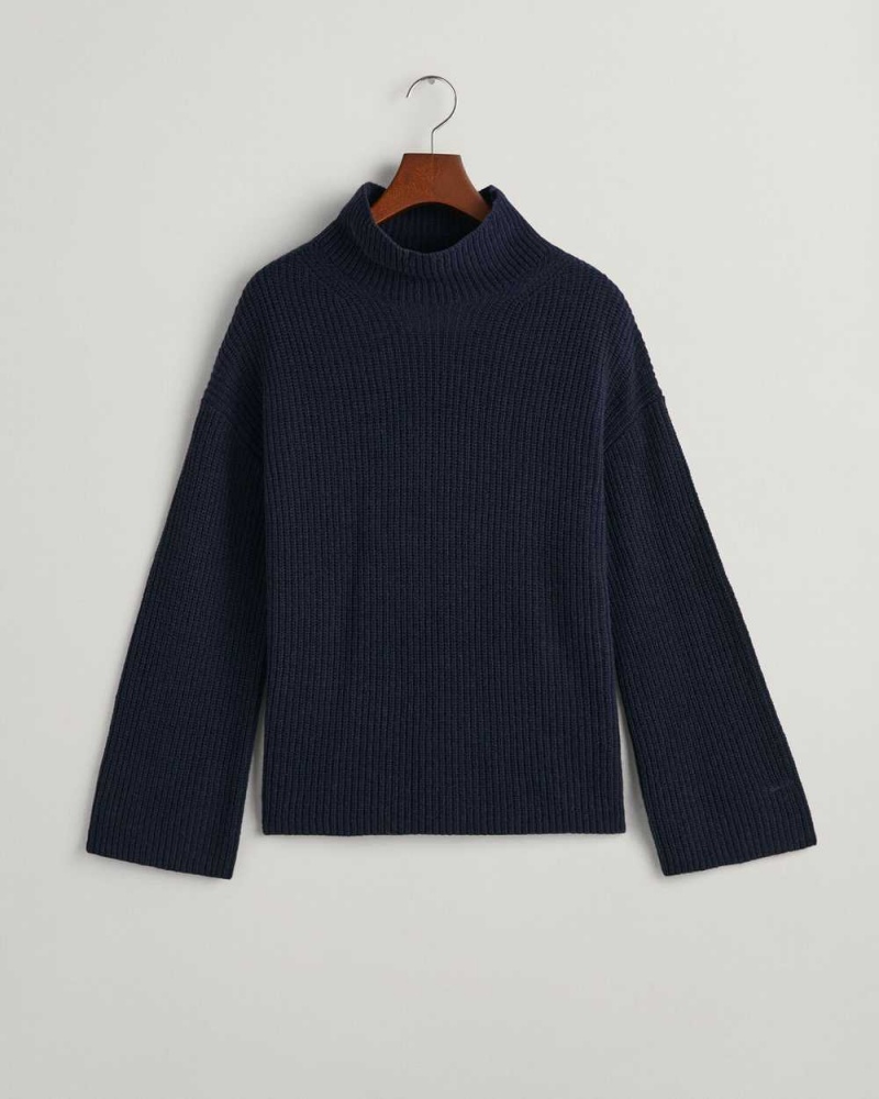 Gant Ribbed Wool Stand Collar Women's Sweater Evening Blue | JVLSI-5028