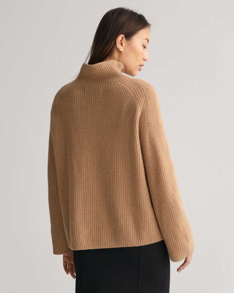 Gant Ribbed Wool Stand Collar Women's Sweater Dark Khaki | EJCDT-8901