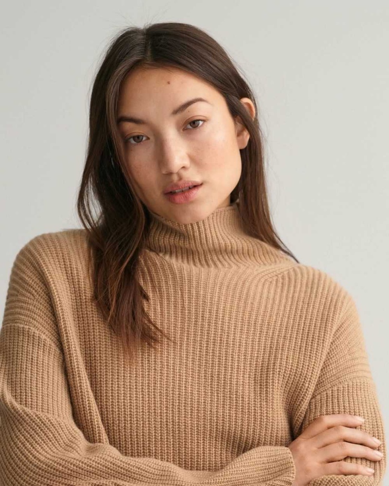 Gant Ribbed Wool Stand Collar Women's Sweater Dark Khaki | EJCDT-8901