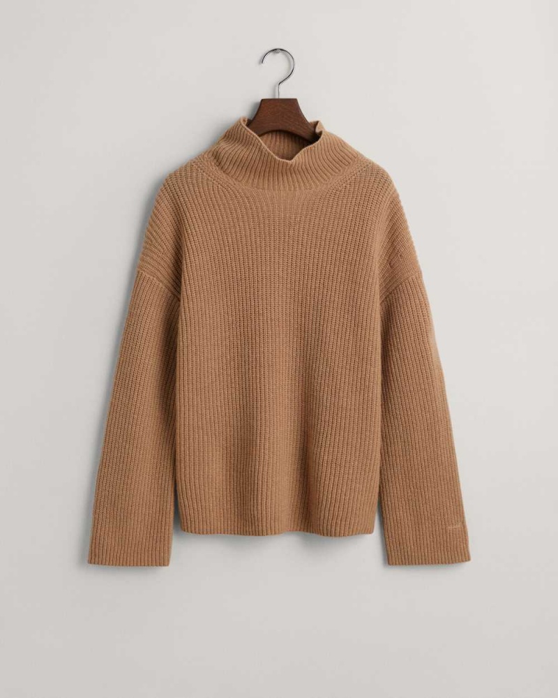 Gant Ribbed Wool Stand Collar Women's Sweater Dark Khaki | EJCDT-8901