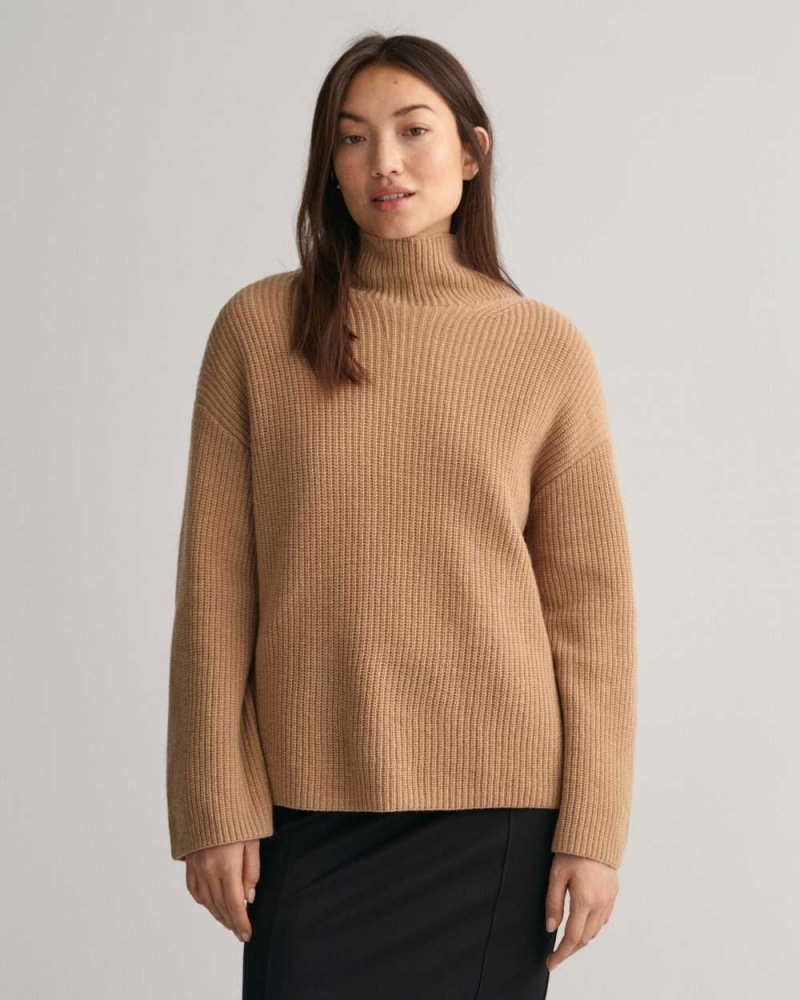 Gant Ribbed Wool Stand Collar Women\'s Sweater Dark Khaki | EJCDT-8901