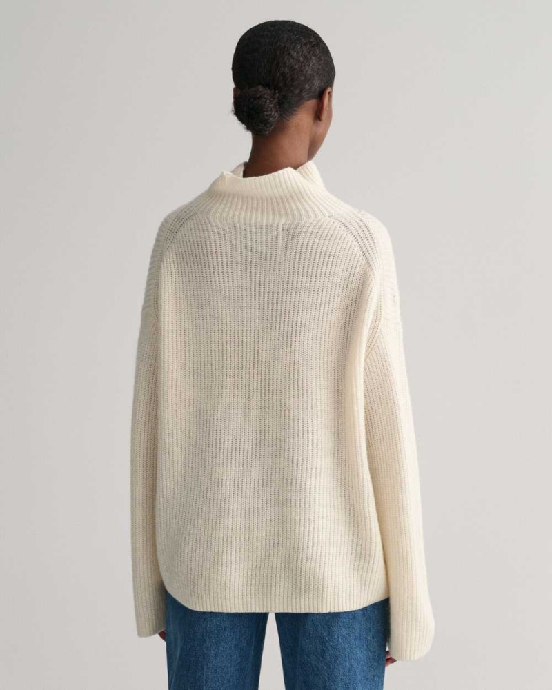 Gant Ribbed Wool Stand Collar Women's Sweater Cream | HAWMR-2835