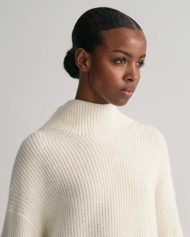 Gant Ribbed Wool Stand Collar Women's Sweater Cream | HAWMR-2835