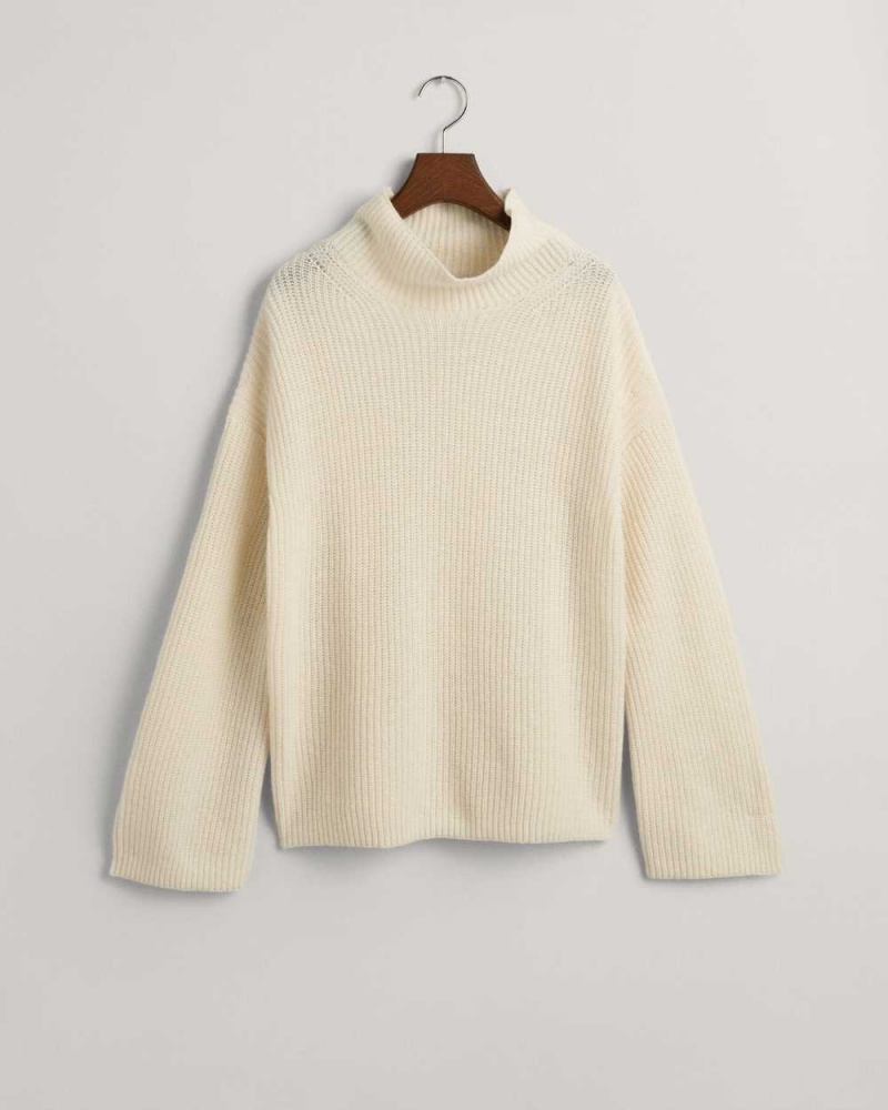 Gant Ribbed Wool Stand Collar Women's Sweater Cream | HAWMR-2835