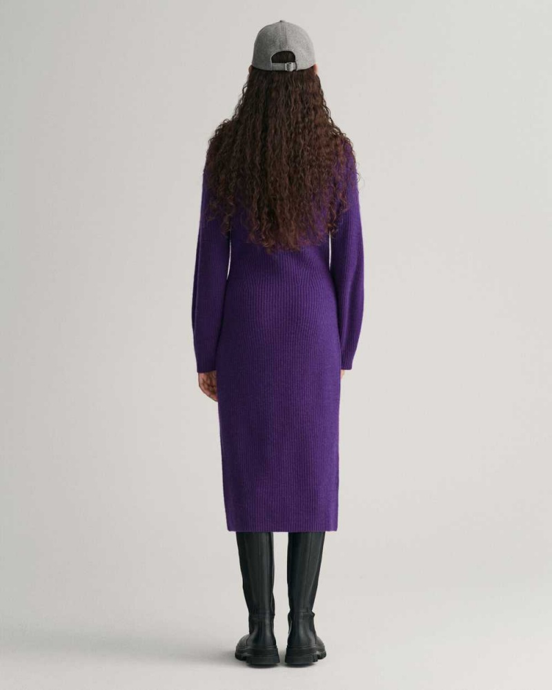 Gant Ribbed Wool V-Neck Women's Dress Pansy Purple | GUMON-0892