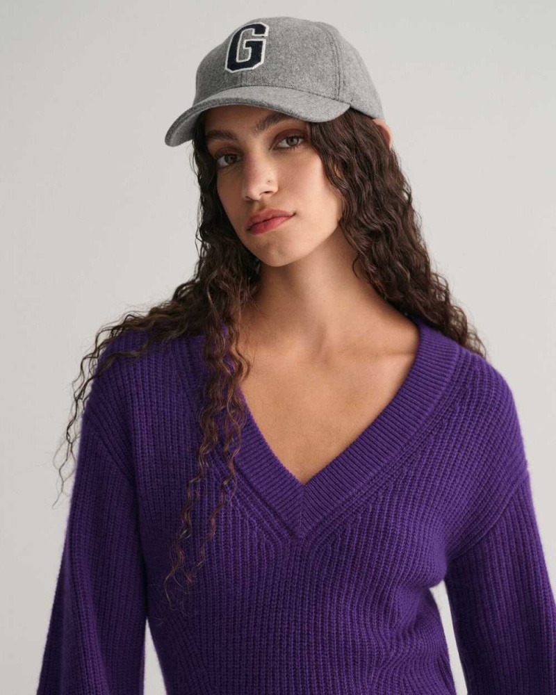 Gant Ribbed Wool V-Neck Women's Dress Pansy Purple | GUMON-0892