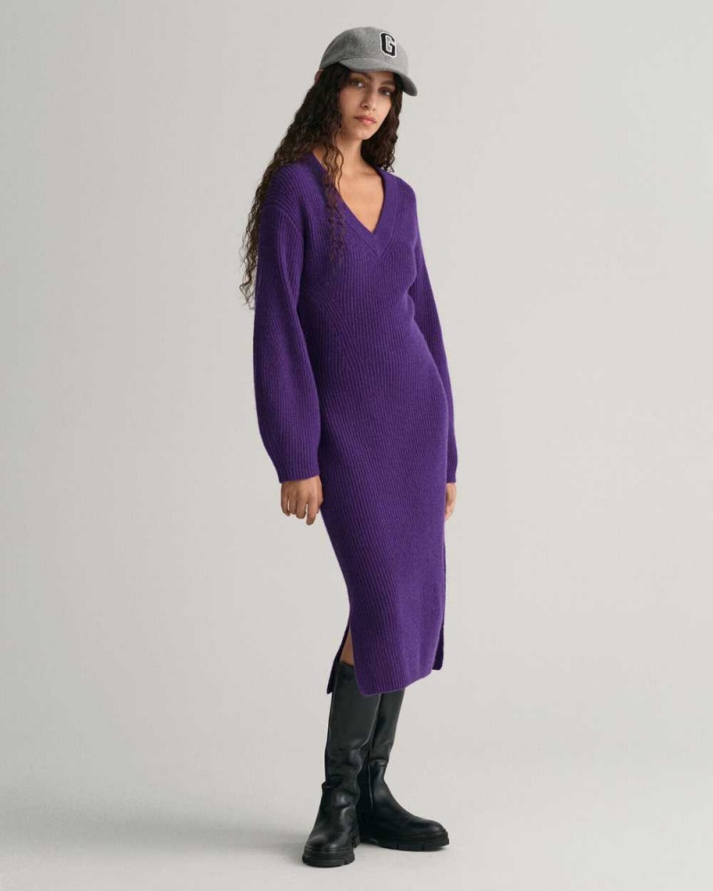 Gant Ribbed Wool V-Neck Women's Dress Pansy Purple | GUMON-0892