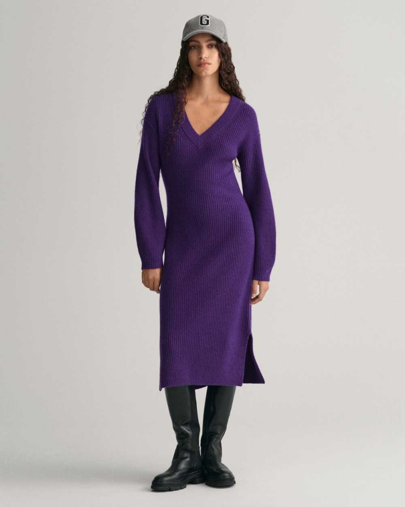 Gant Ribbed Wool V-Neck Women's Dress Pansy Purple | GUMON-0892