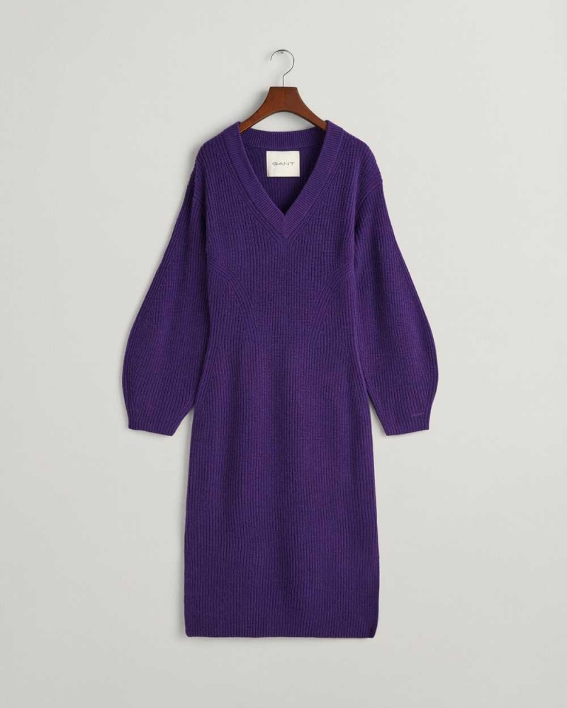 Gant Ribbed Wool V-Neck Women's Dress Pansy Purple | GUMON-0892