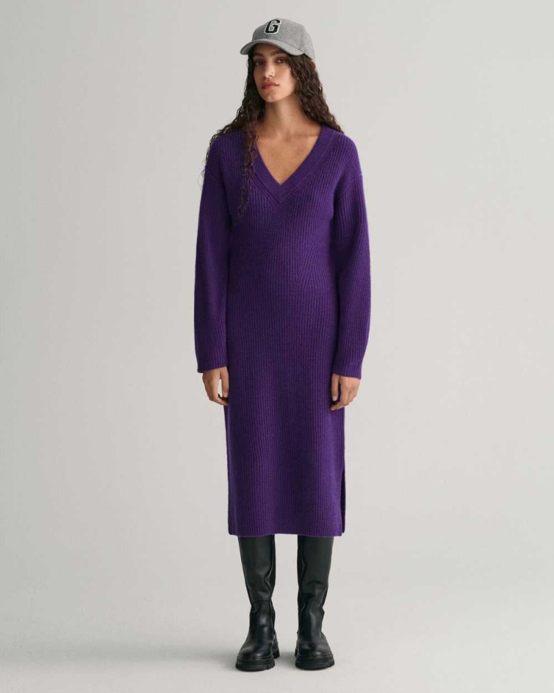 Gant Ribbed Wool V-Neck Women\'s Dress Pansy Purple | GUMON-0892