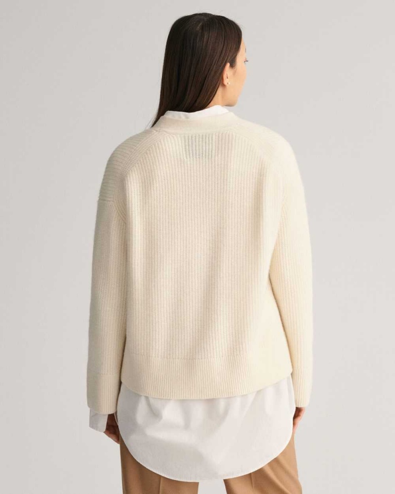 Gant Ribbed Wool Women's Cardigan Cream | TCAZQ-2615