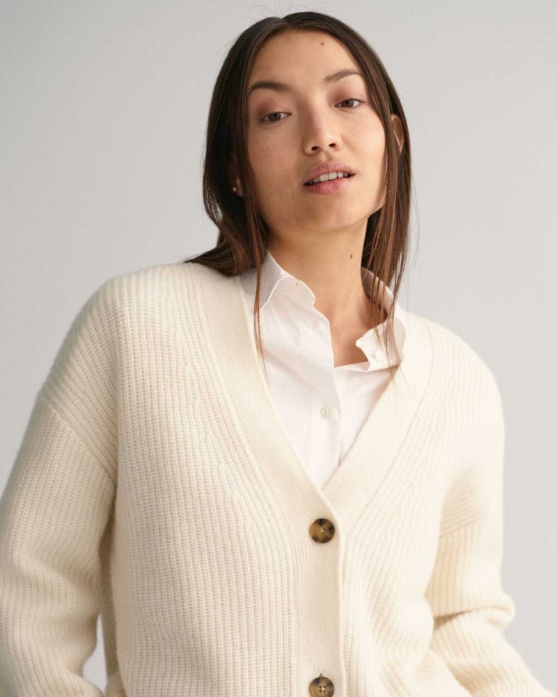 Gant Ribbed Wool Women's Cardigan Cream | TCAZQ-2615