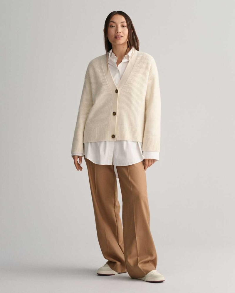 Gant Ribbed Wool Women's Cardigan Cream | TCAZQ-2615