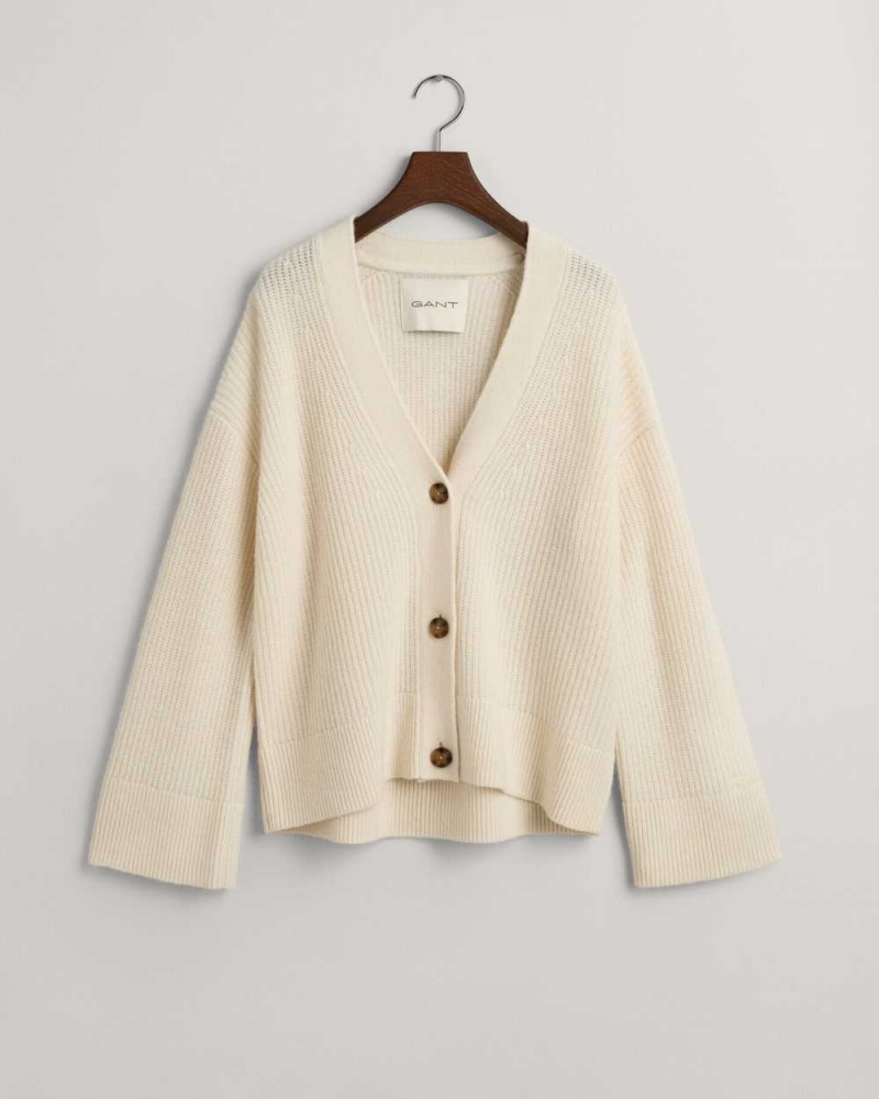 Gant Ribbed Wool Women's Cardigan Cream | TCAZQ-2615