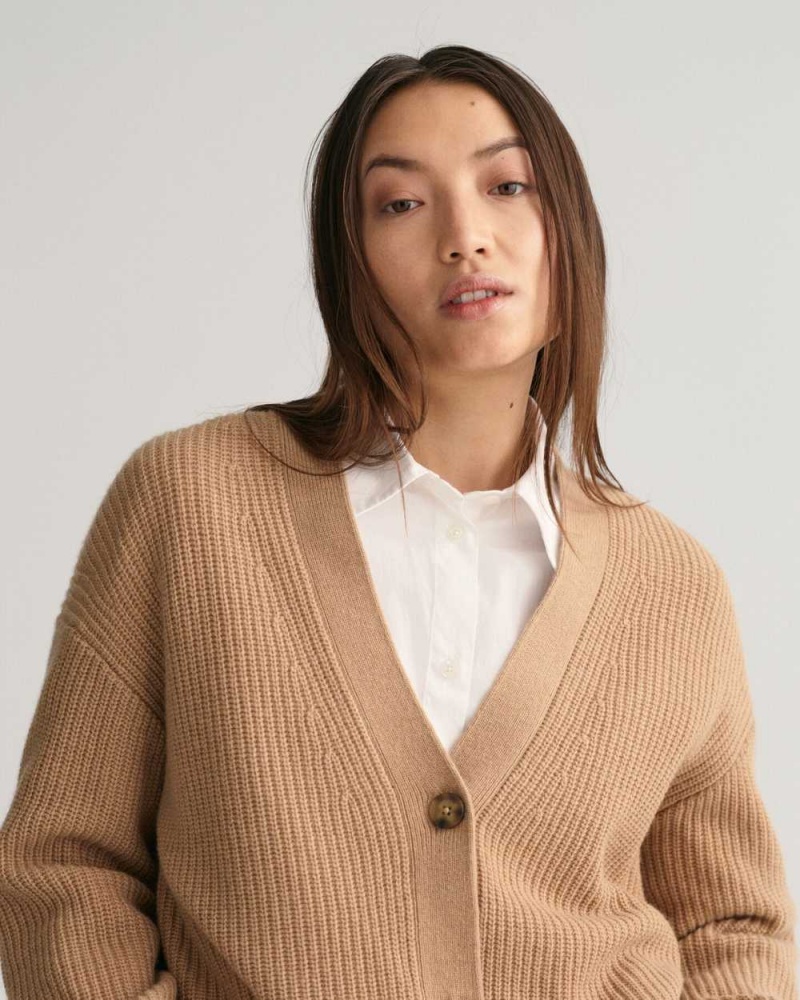 Gant Ribbed Wool Women's Cardigan Dark Khaki | QJABM-6507