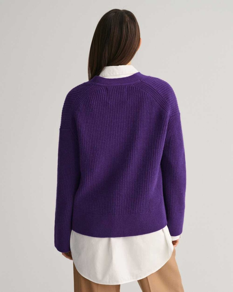 Gant Ribbed Wool Women's Cardigan Pansy Purple | IHRXZ-2586