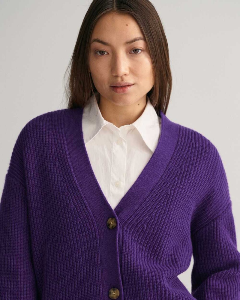 Gant Ribbed Wool Women's Cardigan Pansy Purple | IHRXZ-2586