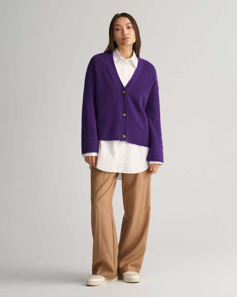 Gant Ribbed Wool Women's Cardigan Pansy Purple | IHRXZ-2586