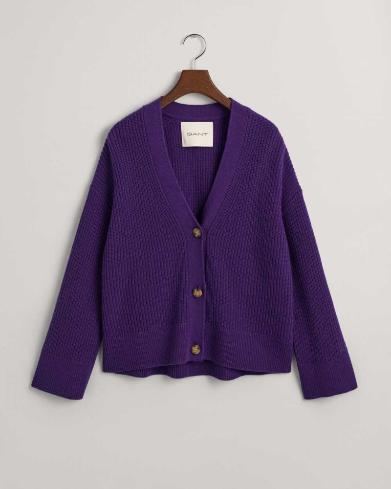 Gant Ribbed Wool Women's Cardigan Pansy Purple | IHRXZ-2586