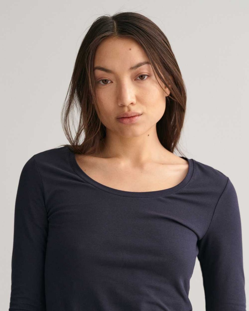 Gant Scoop Neck Long Sleeve Women's T-Shirt Evening Blue | PWJYC-6054