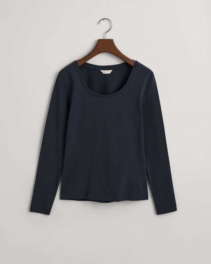 Gant Scoop Neck Long Sleeve Women's T-Shirt Evening Blue | PWJYC-6054