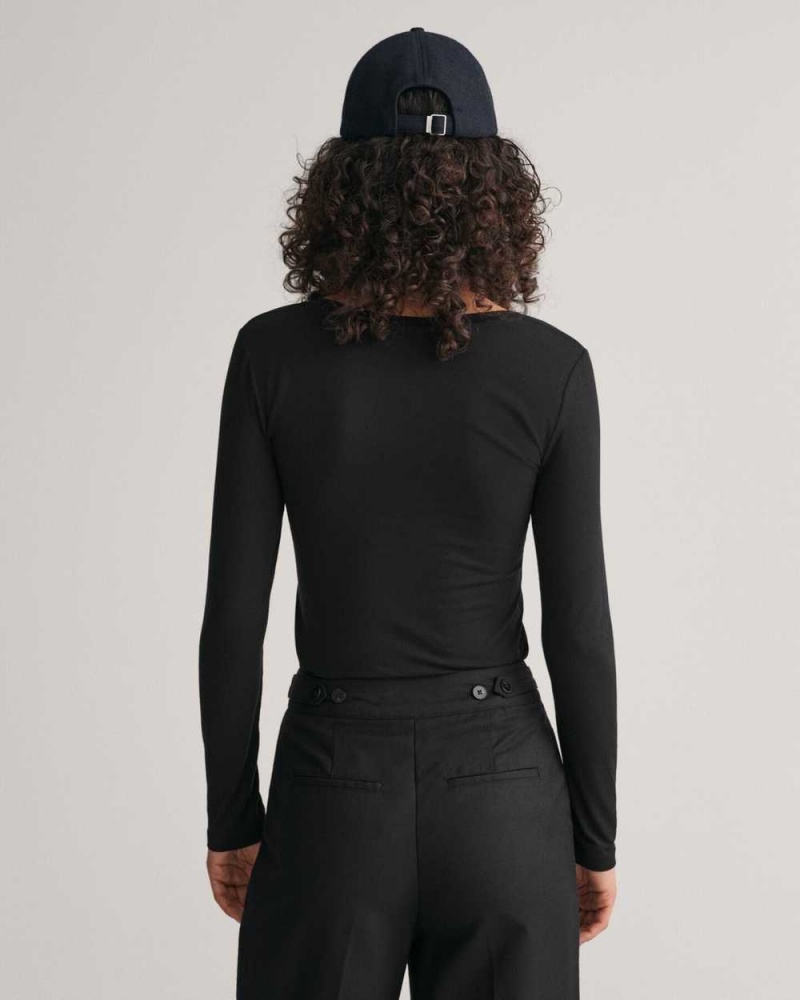 Gant Scoop Neck Long Sleeve Women's T-Shirt Black | PTHQE-2387