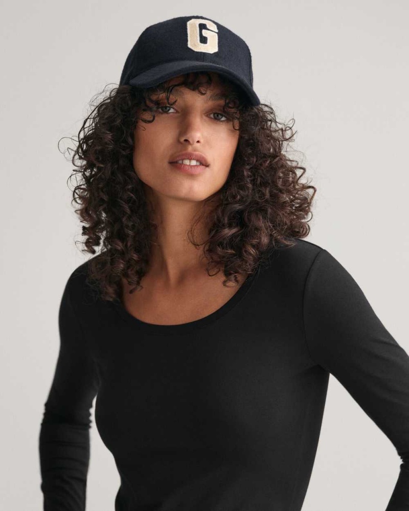 Gant Scoop Neck Long Sleeve Women's T-Shirt Black | PTHQE-2387