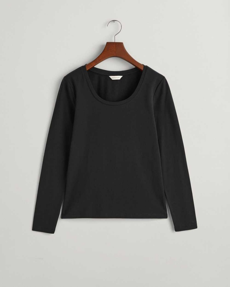 Gant Scoop Neck Long Sleeve Women's T-Shirt Black | PTHQE-2387